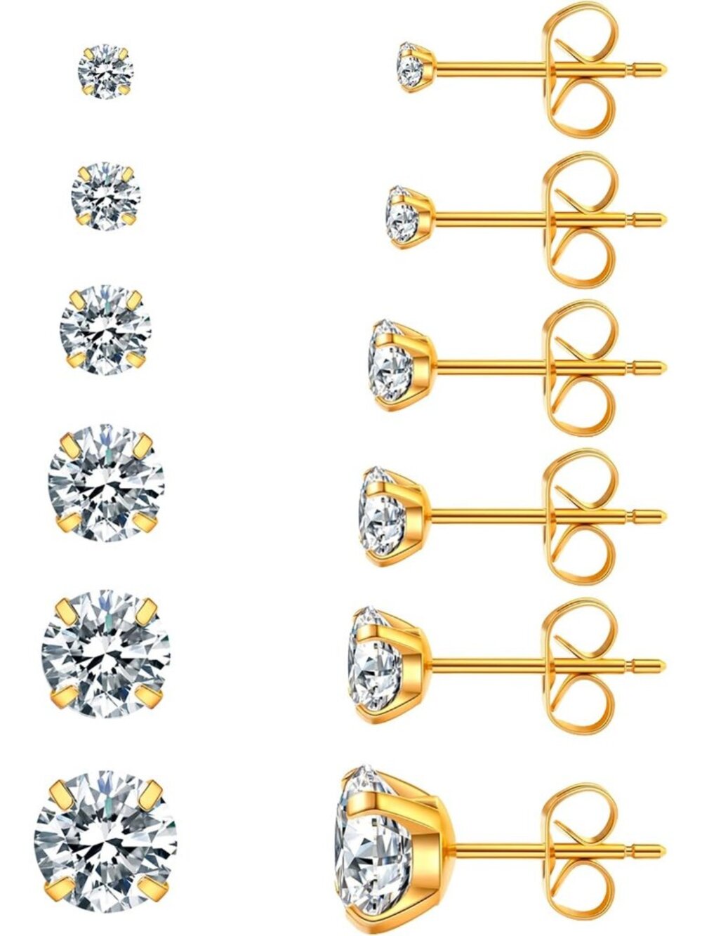 Women's Golden 6 Pairs 3-8mm Hypoallergenic Stainless Steel Stud Earrings Set